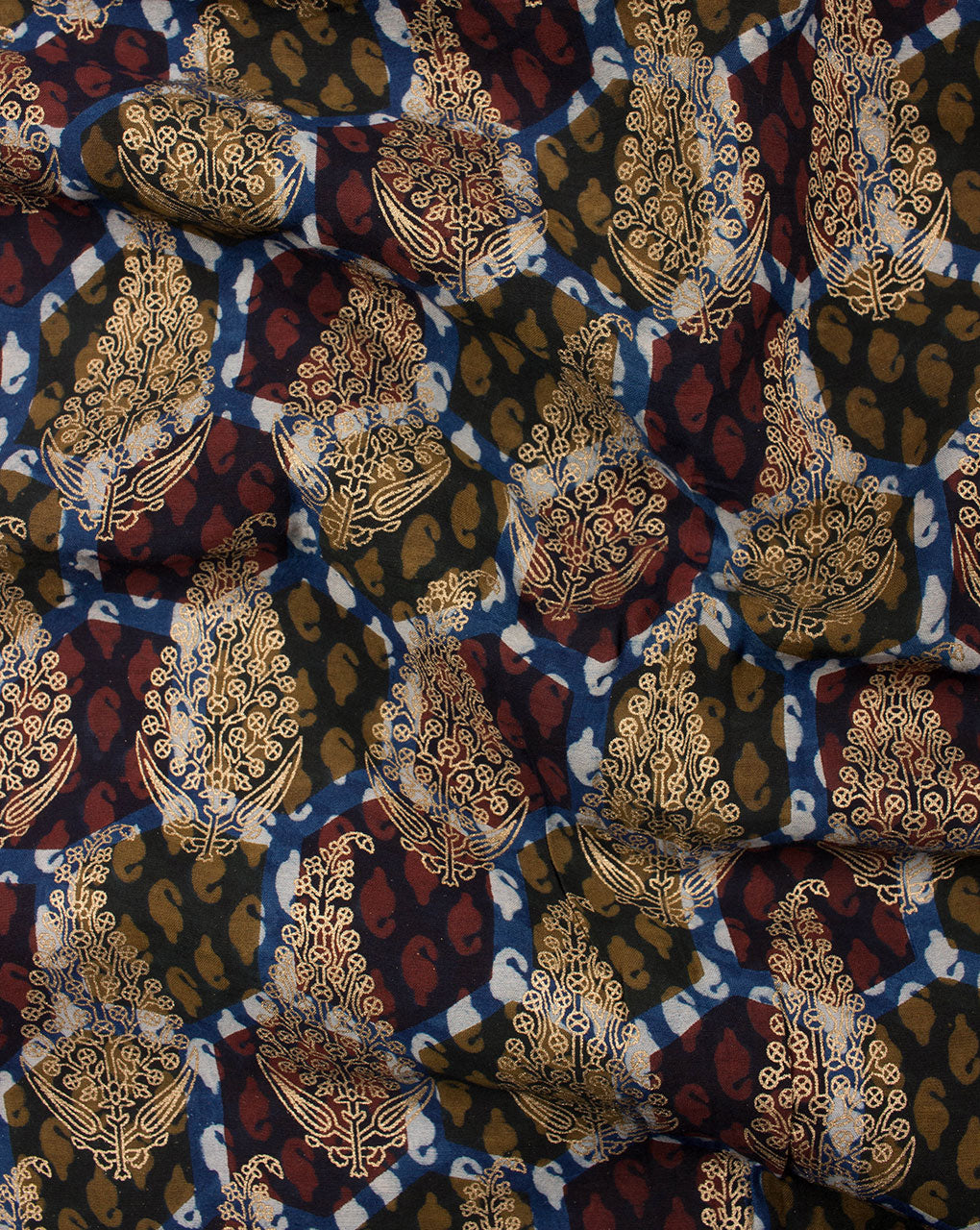 Maroon Gold Boota Pattern Foil Screen Print Chanderi Fabric - Fabriclore.com